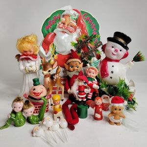 Vintage Christmas Decor Lot #4- Red Kitschy Holiday Mid Century Snowman Elves